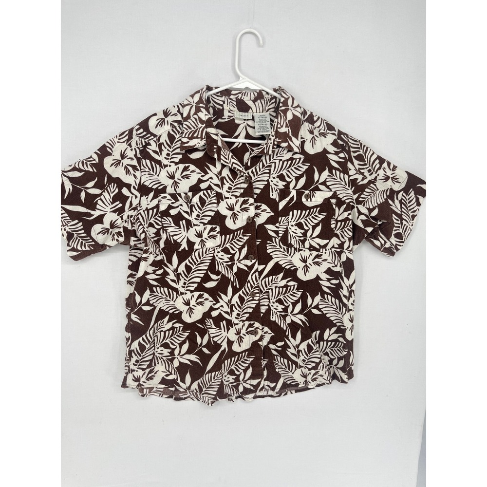 White Stag Womens XL Brown White Tropical Hibiscus Floral Button Front Shirt Top